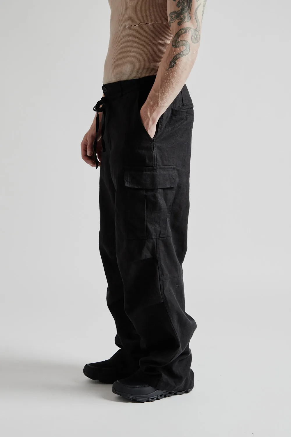 Linen Cargo Parachute Pants - Black