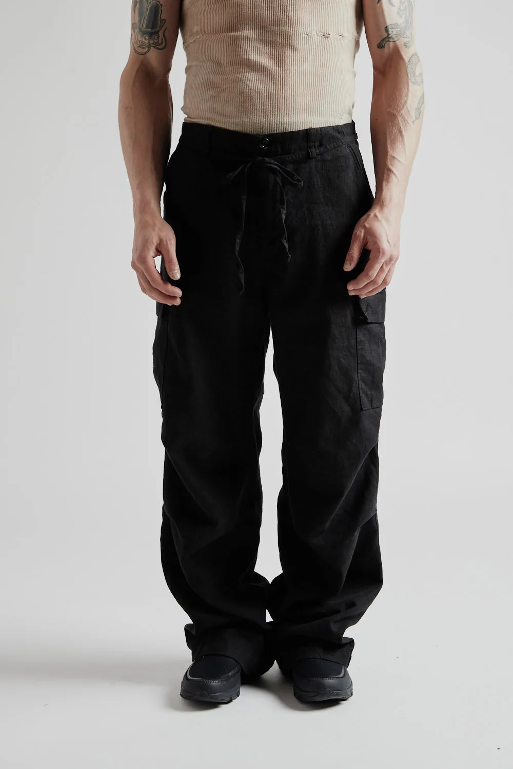 Linen Cargo Parachute Pants - Black