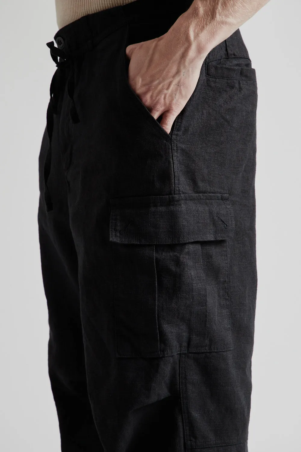 Linen Cargo Parachute Pants - Black