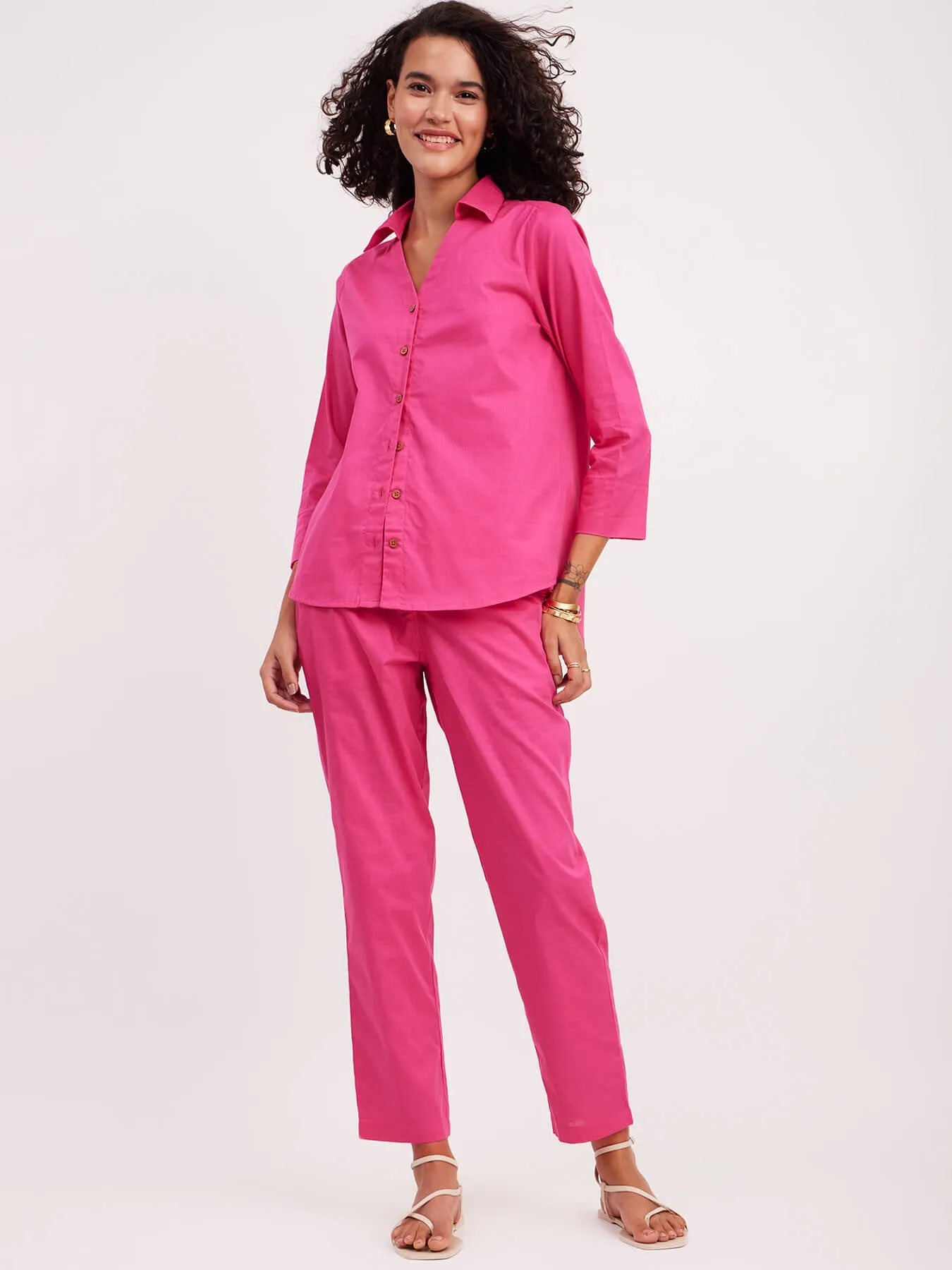 Linen Collared Shirt And Trouser Co-ord - Fuchsia