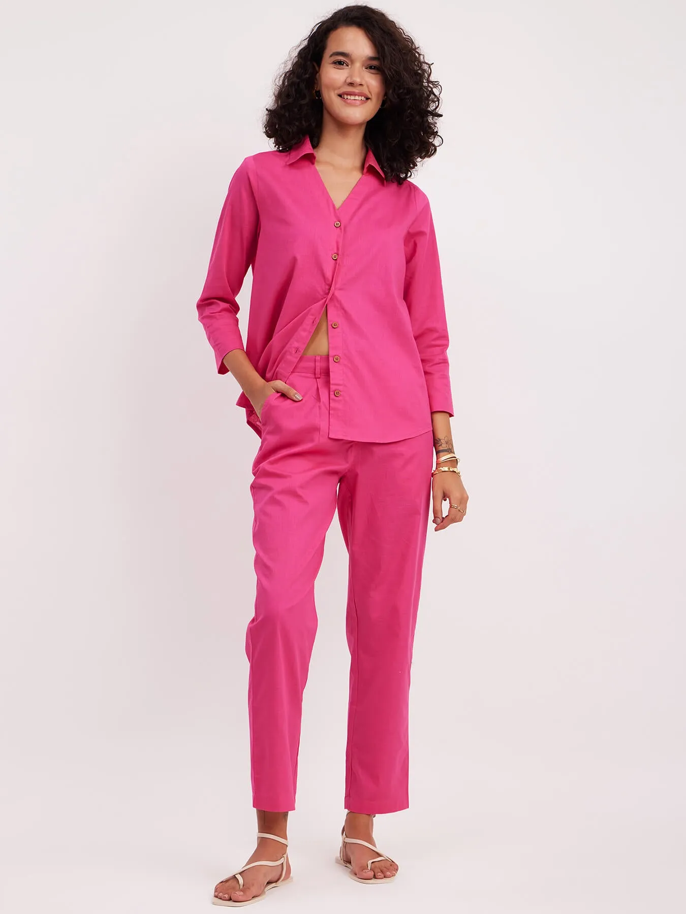 Linen Collared Shirt And Trouser Co-ord - Fuchsia