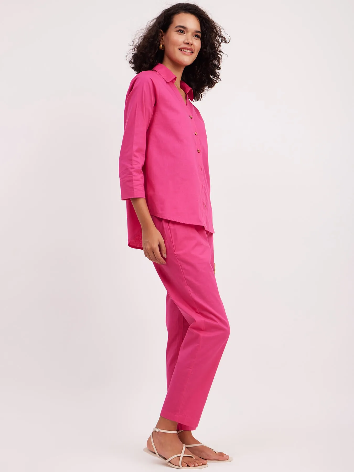 Linen Collared Shirt And Trouser Co-ord - Fuchsia