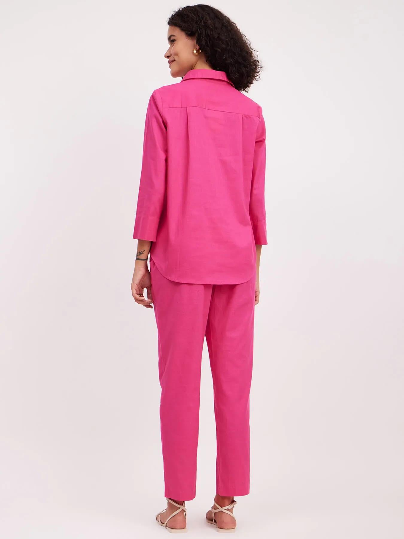 Linen Collared Shirt And Trouser Co-ord - Fuchsia