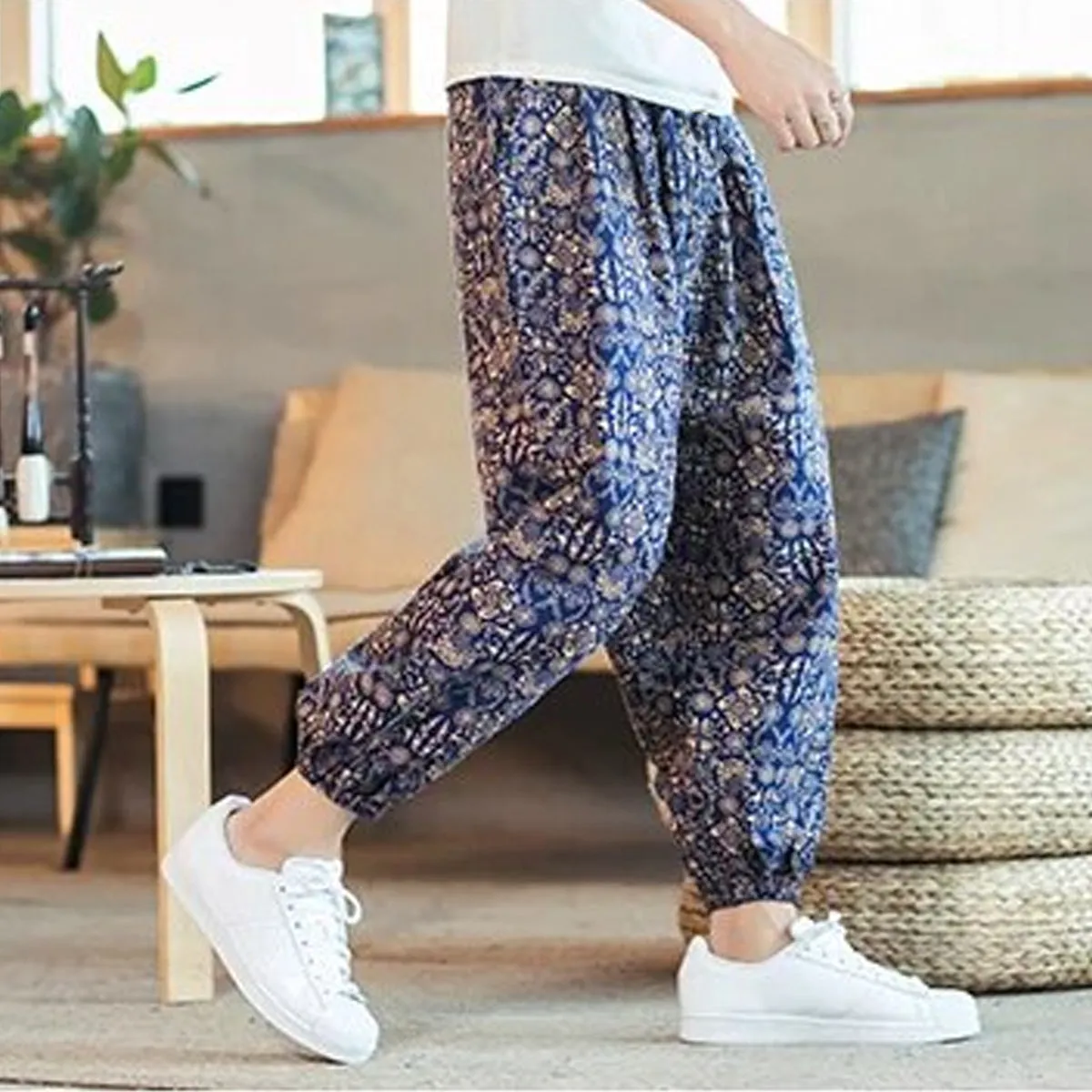 Loose Blue Rangoli Jogger Breathable Casual Harem Pants For Men & Women