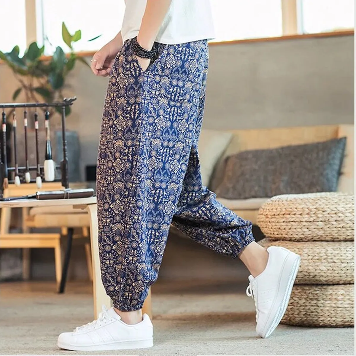 Loose Blue Rangoli Jogger Breathable Casual Harem Pants For Men & Women