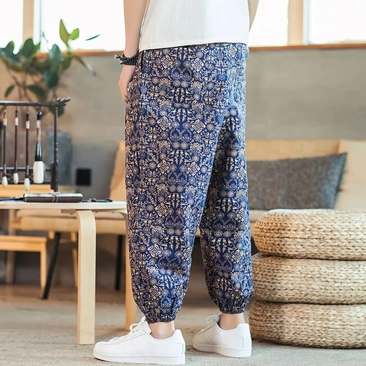 Loose Blue Rangoli Jogger Breathable Casual Harem Pants For Men & Women