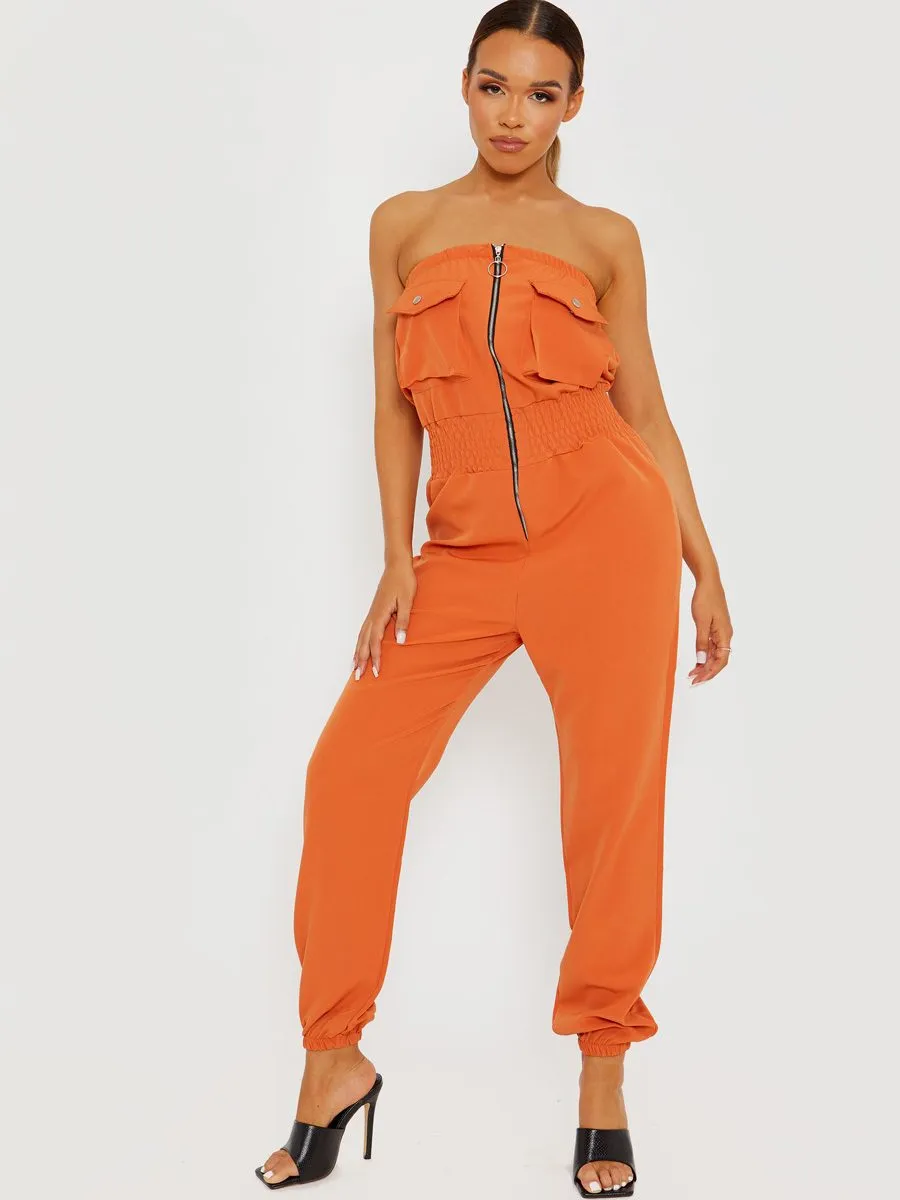 Mariem Utility Cargo Bandeau Jumpsuit In Rust