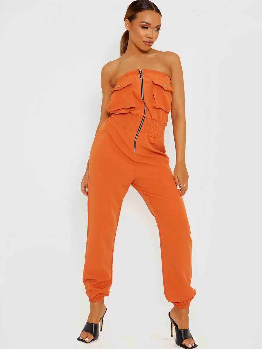 Mariem Utility Cargo Bandeau Jumpsuit In Rust