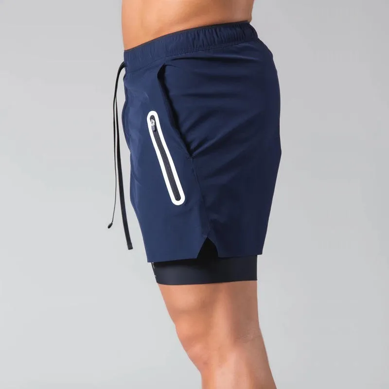 Men Double Layer Zipper Pocket Workout Running Gym Sports Lining Shorts | DK-03