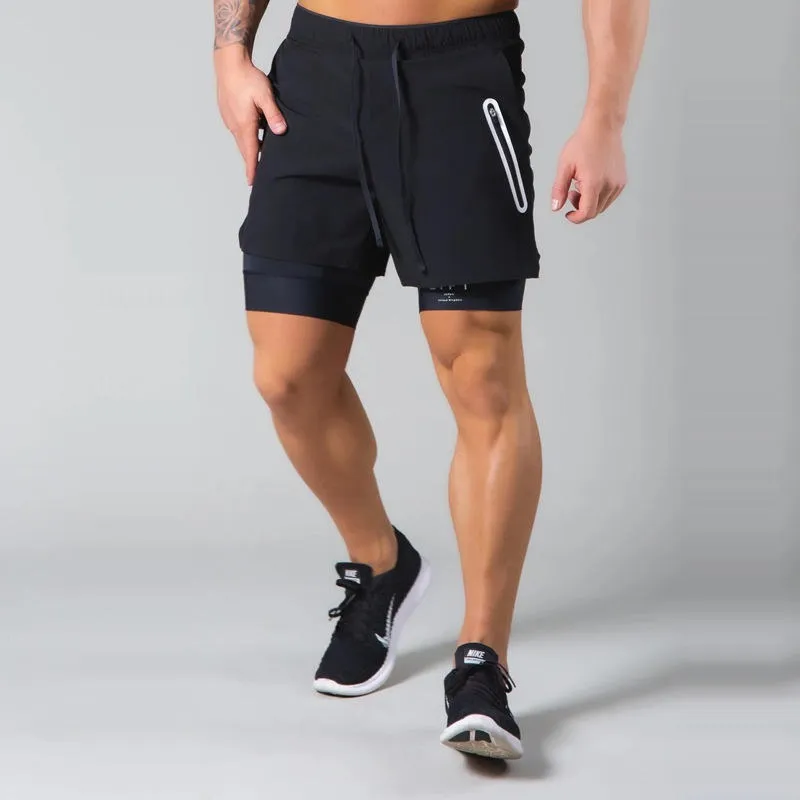 Men Double Layer Zipper Pocket Workout Running Gym Sports Lining Shorts | DK-03