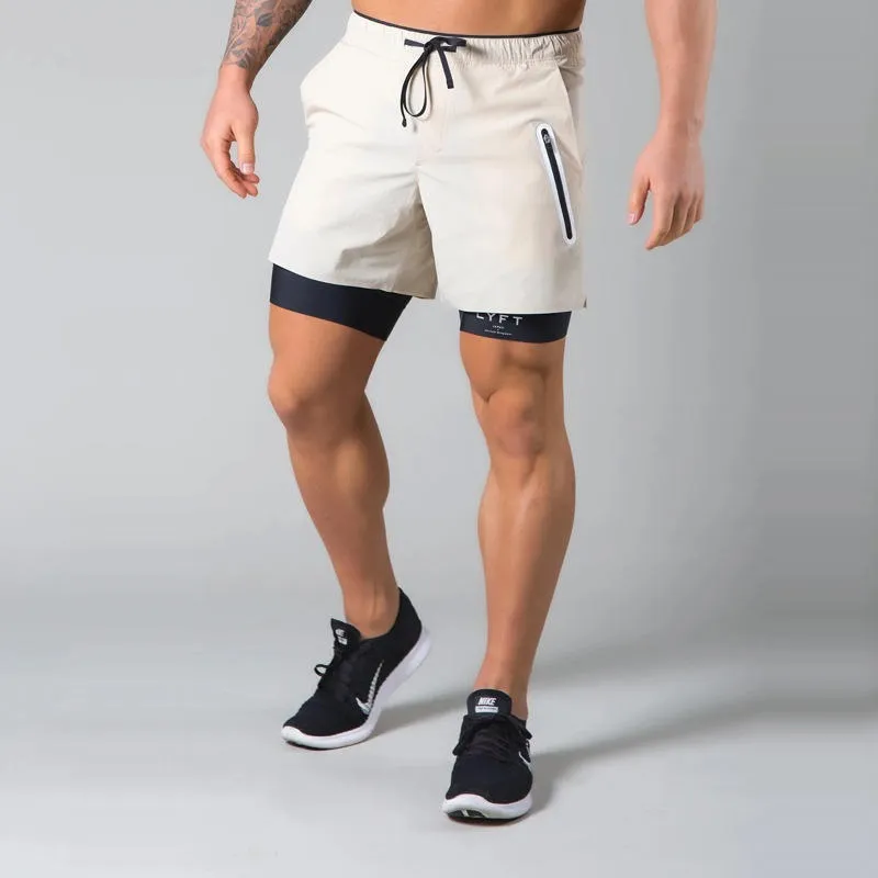 Men Double Layer Zipper Pocket Workout Running Gym Sports Lining Shorts | DK-03