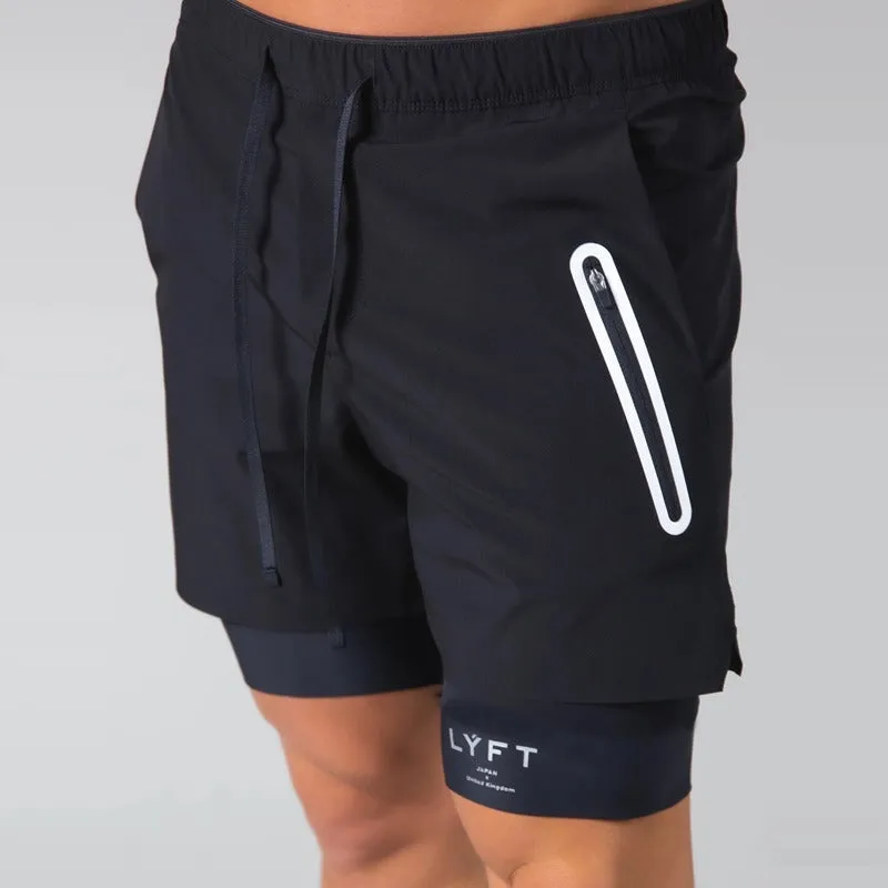 Men Double Layer Zipper Pocket Workout Running Gym Sports Lining Shorts | DK-03