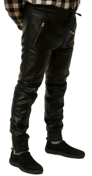 Mens Black Leather Joggers