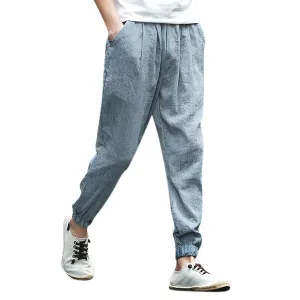 Mens Summer Breathable Cotton Linen Chinese Style Drawstring Solid Color Casual Pants