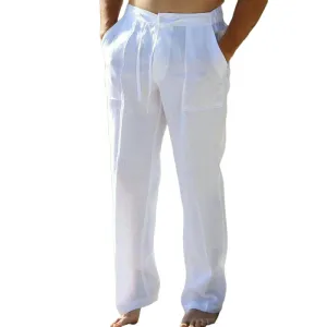 Men's White Linen Lace-Up Loose Casual Pants 73286584U