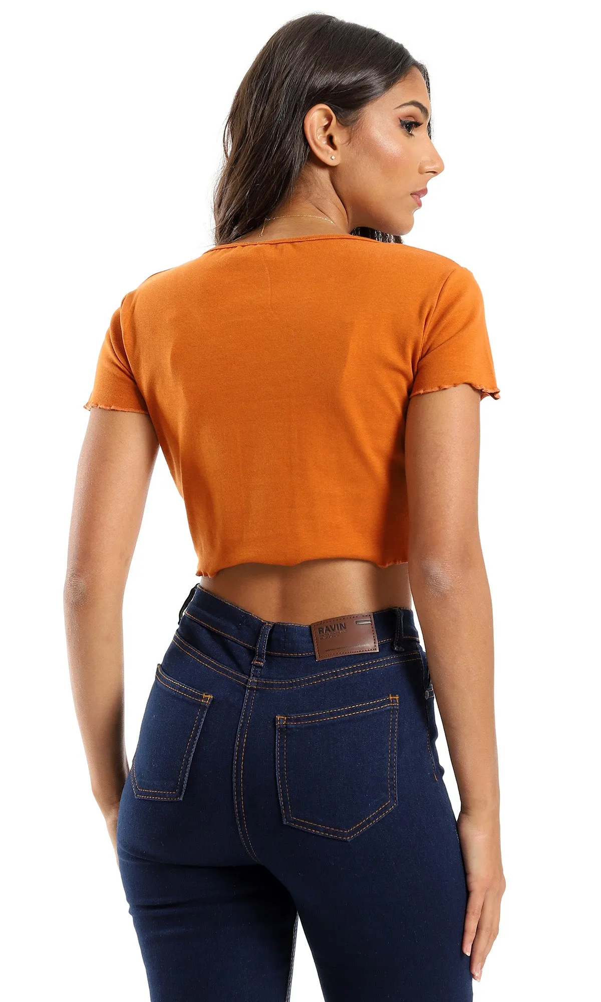 O154993 Cotton Short Sleeves Cropped Top - Burned Orange