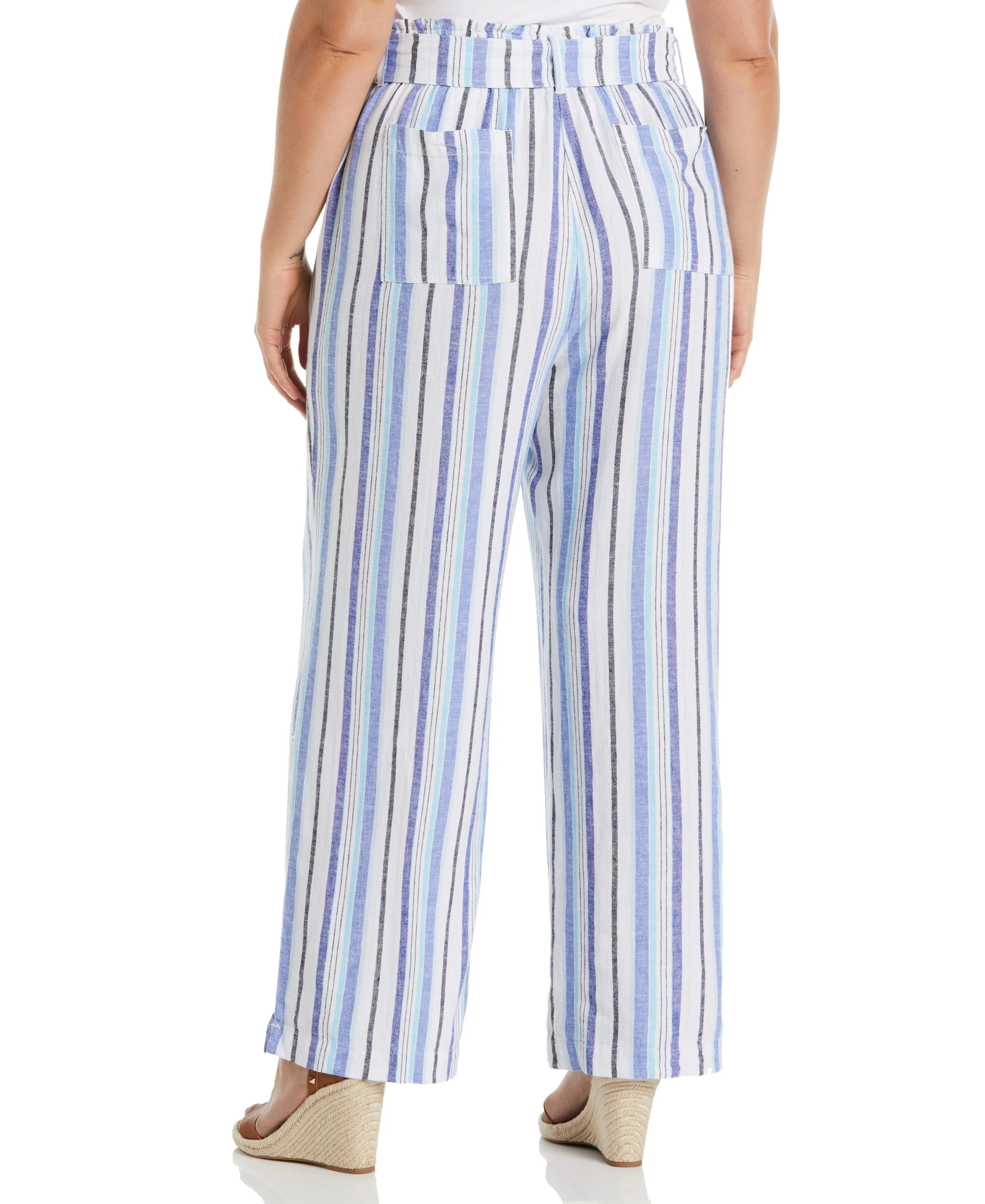 Plus Size Stripe Wide Leg Linen Blend Paper Bag Pant