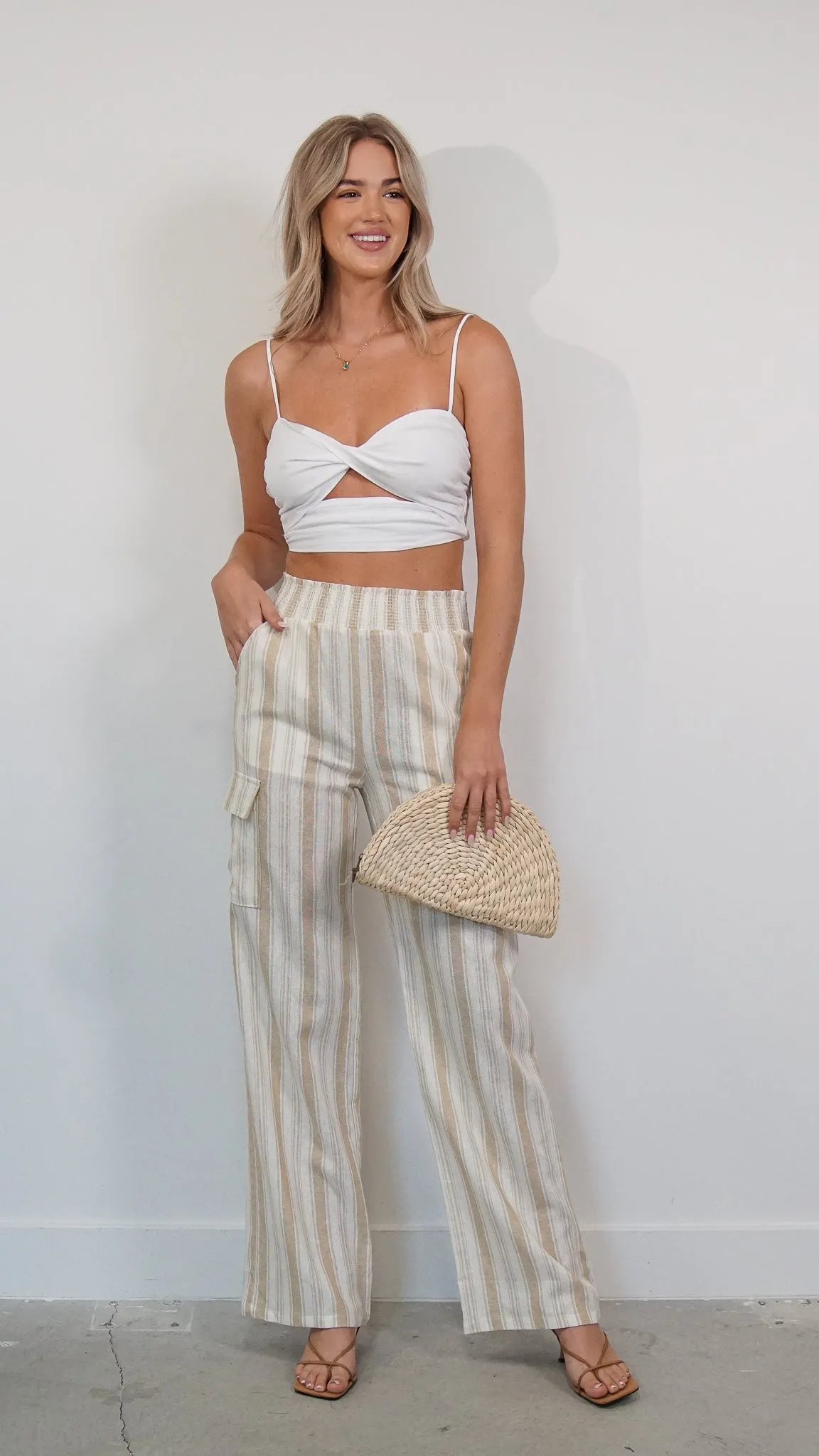 Ruby Striped Linen Pants in Beige