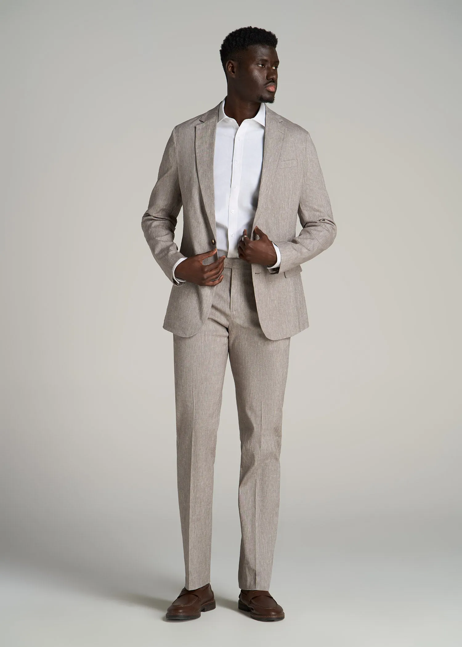 Stretch Linen Dress Pants for Tall Men in Brown Linen