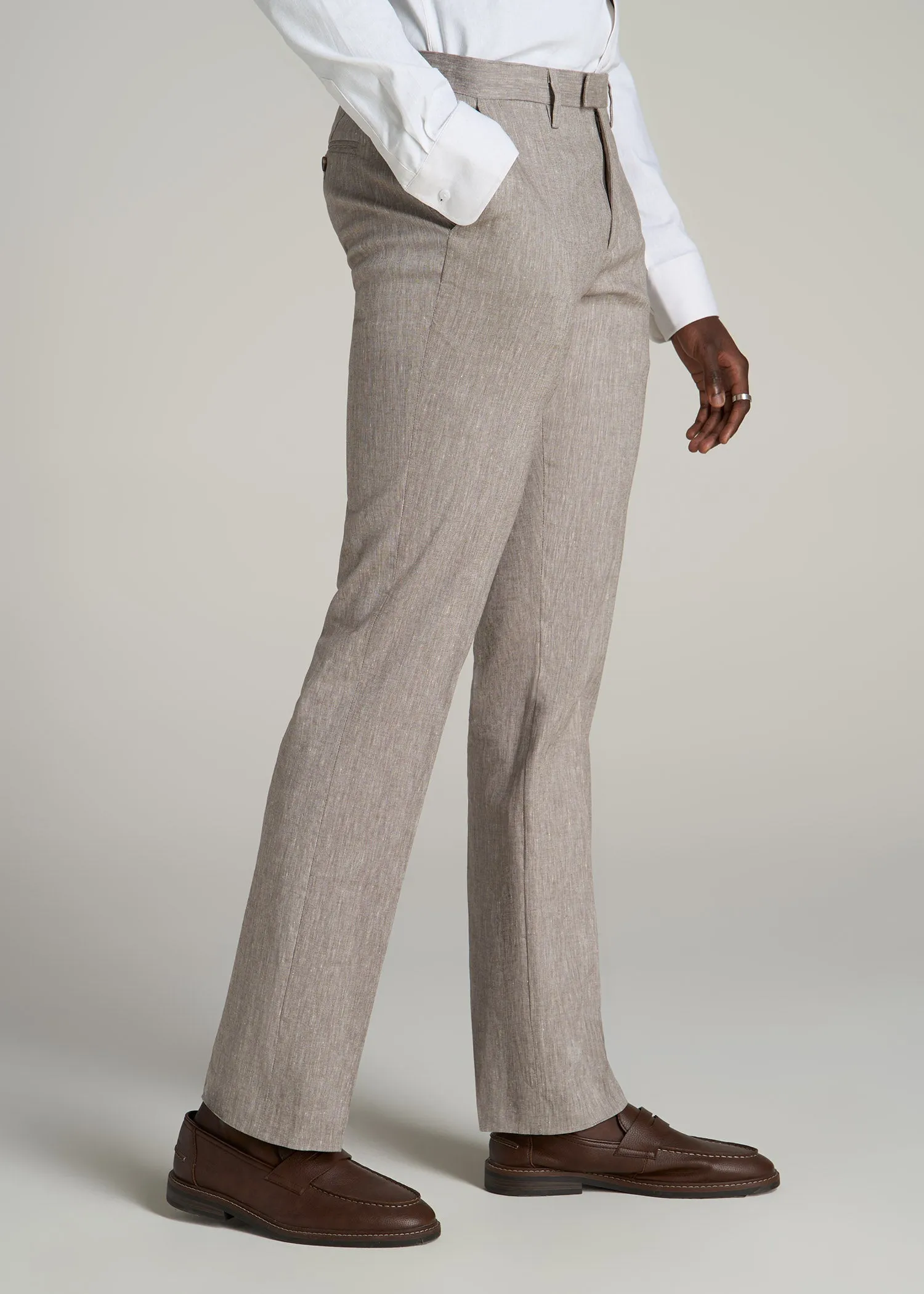 Stretch Linen Dress Pants for Tall Men in Brown Linen