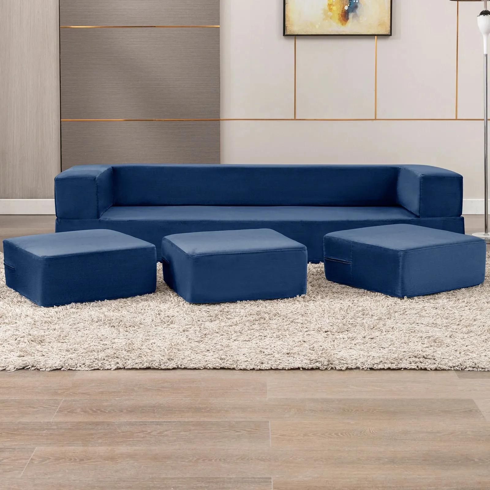 Versatile U-Shaped Velvet Sofa Bed with Ottoman Set