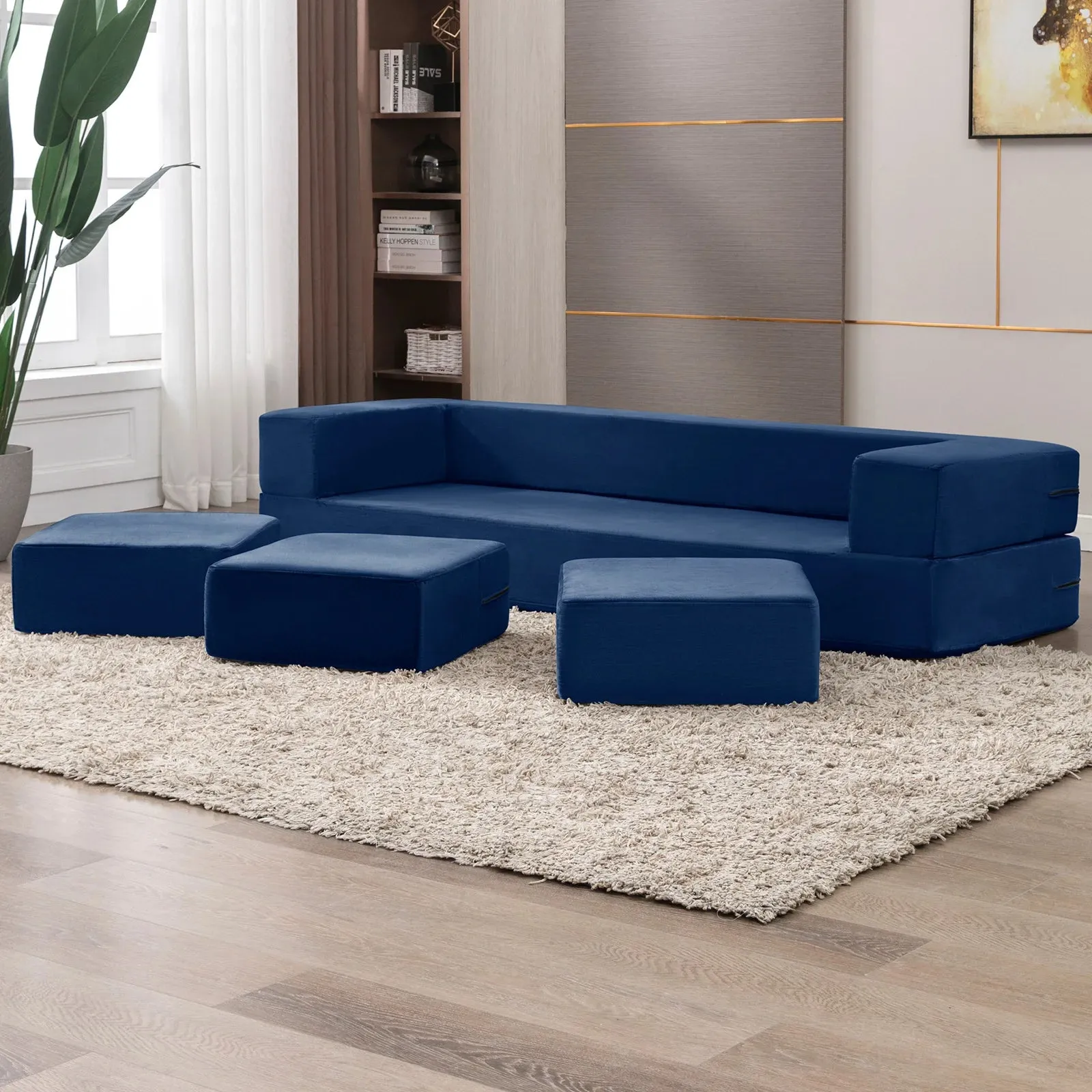 Versatile U-Shaped Velvet Sofa Bed with Ottoman Set