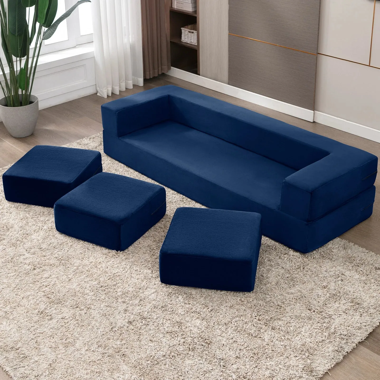 Versatile U-Shaped Velvet Sofa Bed with Ottoman Set