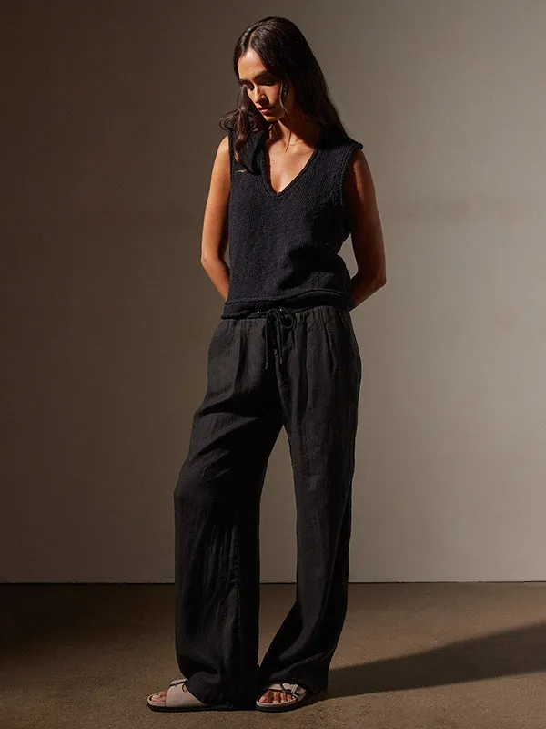 Wide Leg Linen Pant in Black