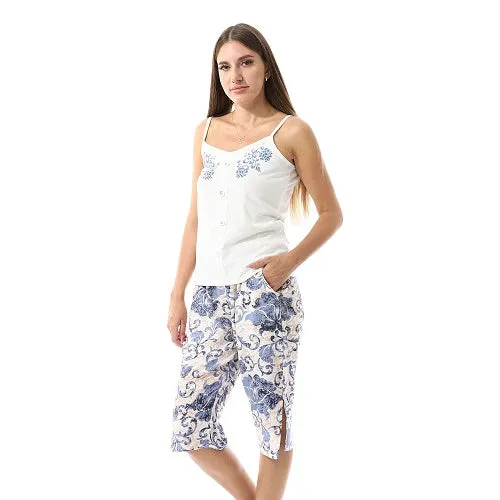 Women's Floral Print Pajama Set-Blue